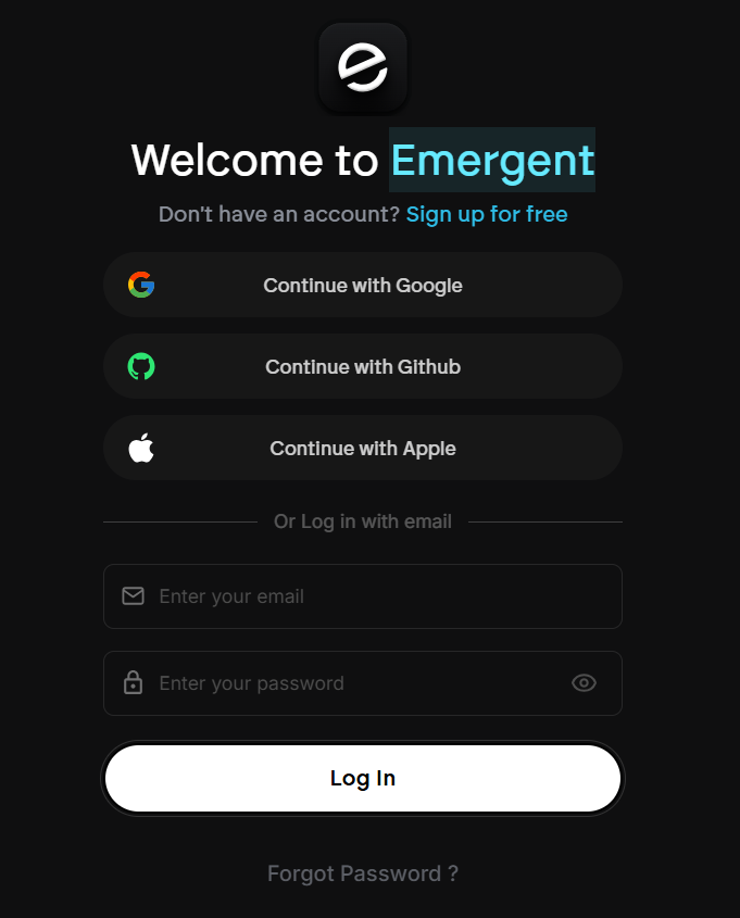 Emergent signup options: Google, Github, Apple, or verified email