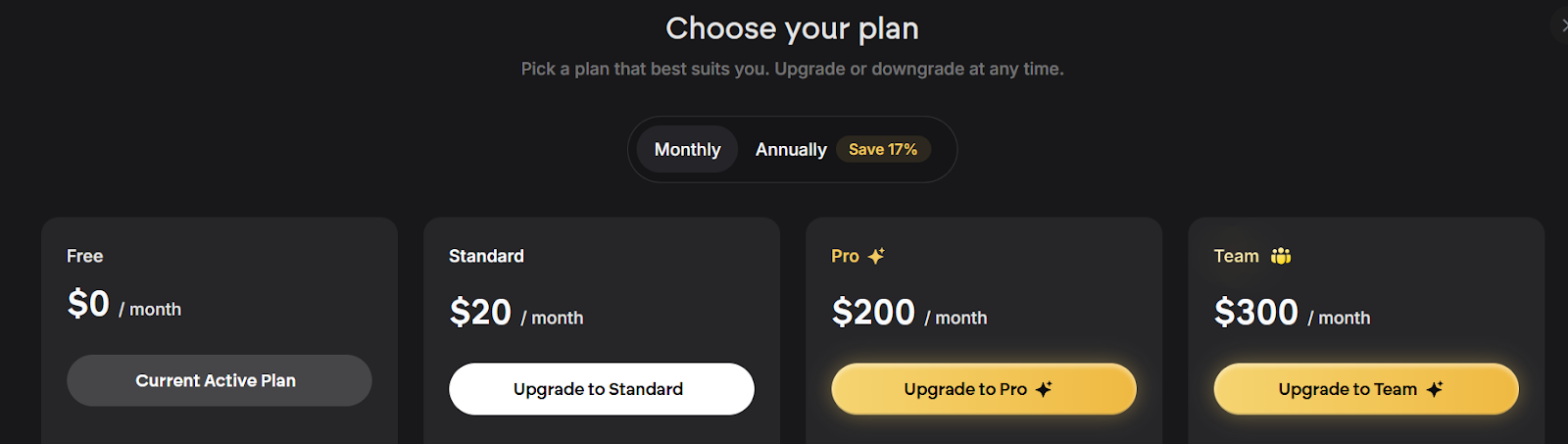 Emergent pricing plans: Standard, Pro, Team with monthly or annual toggle