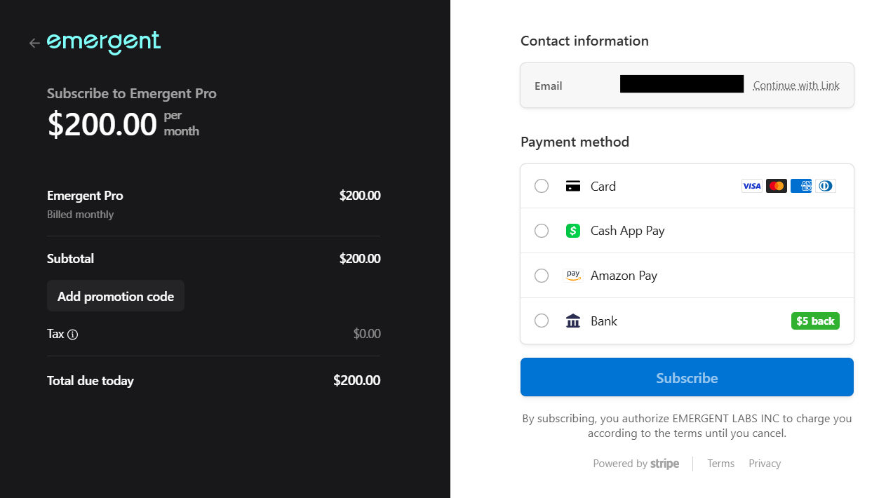 Emergent checkout: add promotion code, apply, and subscribe to complete purchase
