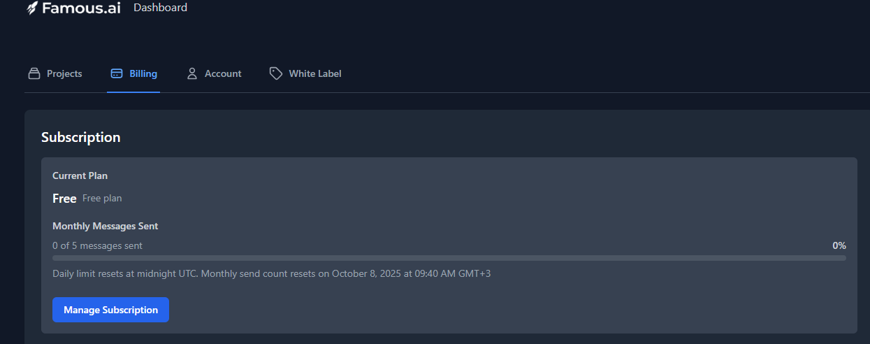 Famous.ai sign-up and dashboard billing tab screenshot