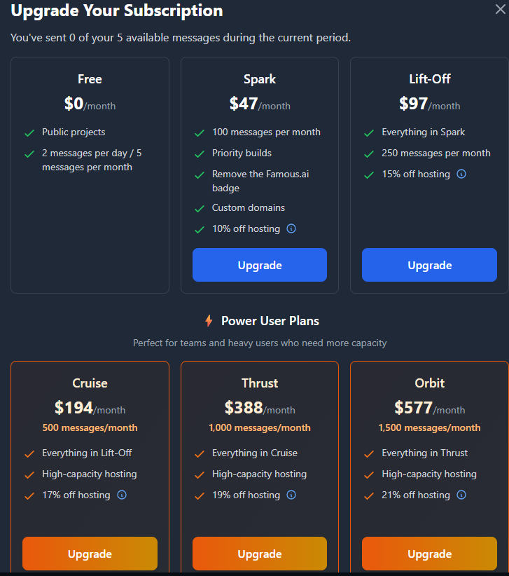 Famous.ai pricing plans comparison page screenshot