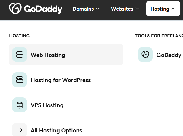 Menu d'hébergement GoDaddy montrant la sélection Hébergement Web