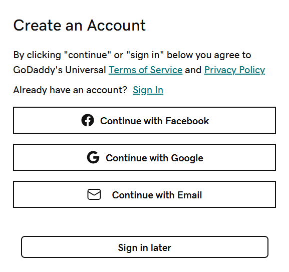 Écran des options de création de compte ou de connexion de GoDaddy