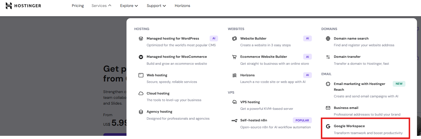 Step 1 – Hostinger Google Workspace coupons page with deal and code options