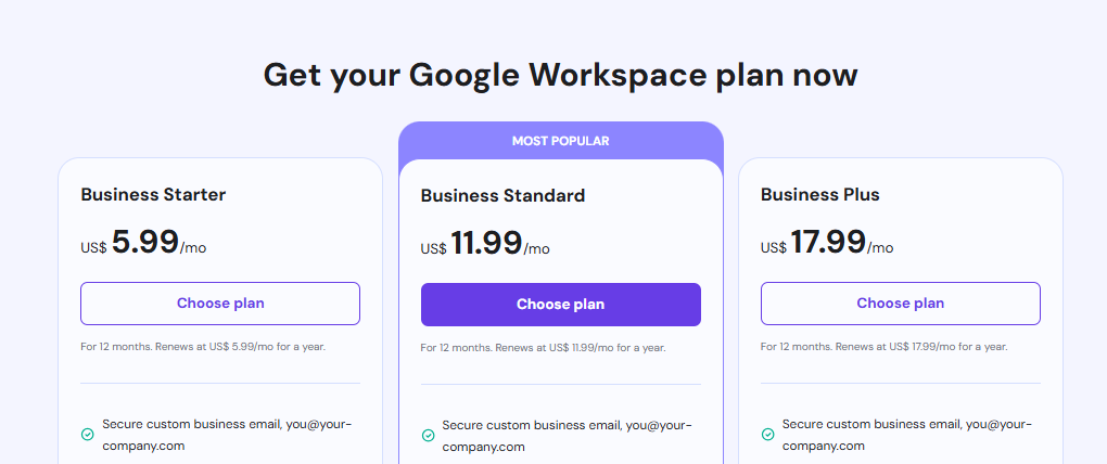 Step 2 – Hostinger Google Workspace plan selection with Choose Plan button