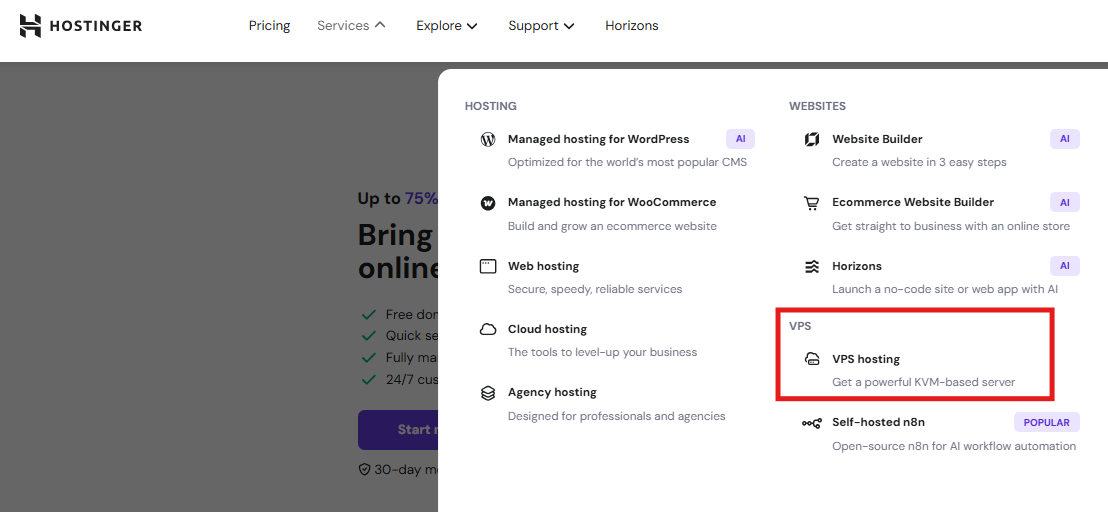Hostinger homepage showing Services menu with ‘VPS Hosting’ highlighted