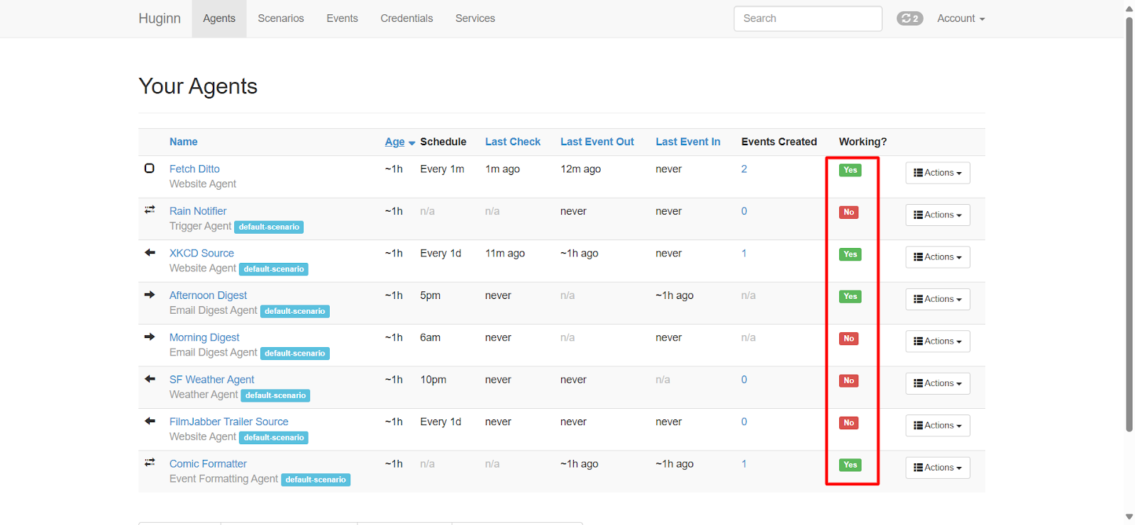 Huginn Your Agents list showing Working? Yes/No indicators
