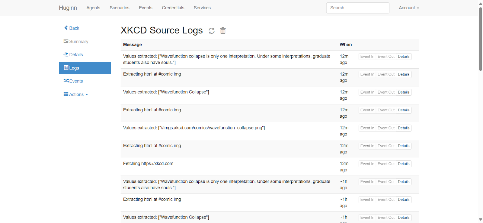 Huginn Logs and Events tabs revealing details for debugging