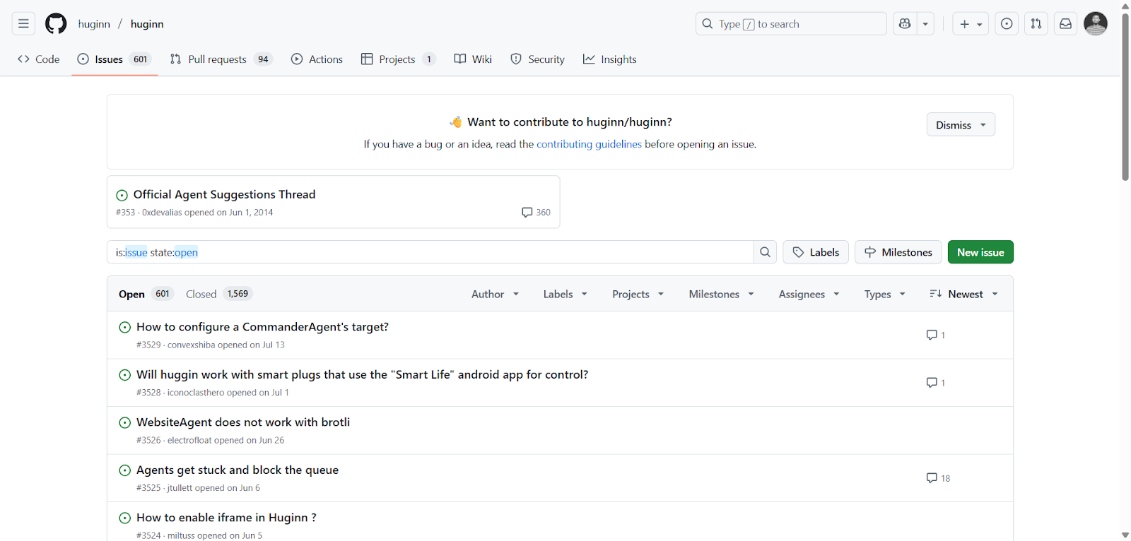 Huginn GitHub issues and PRs used for community troubleshooting