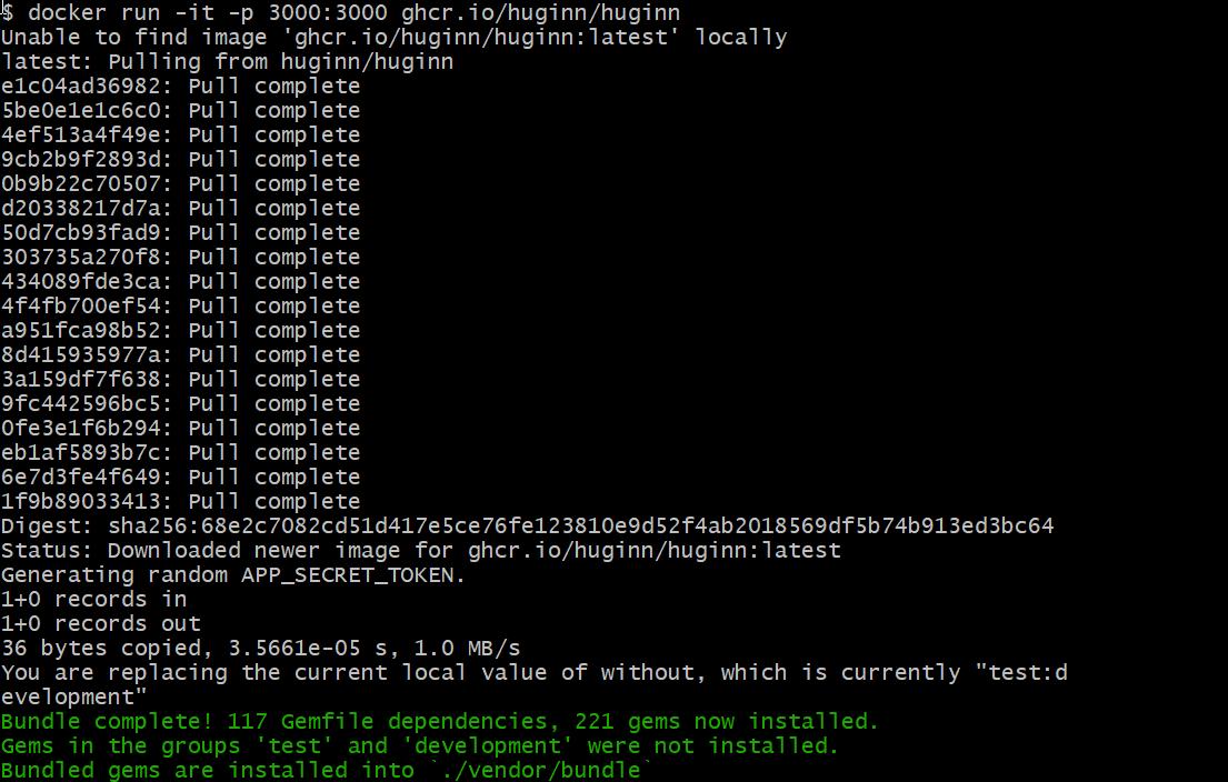 Docker terminal setup for Huginn local instance on port 3000