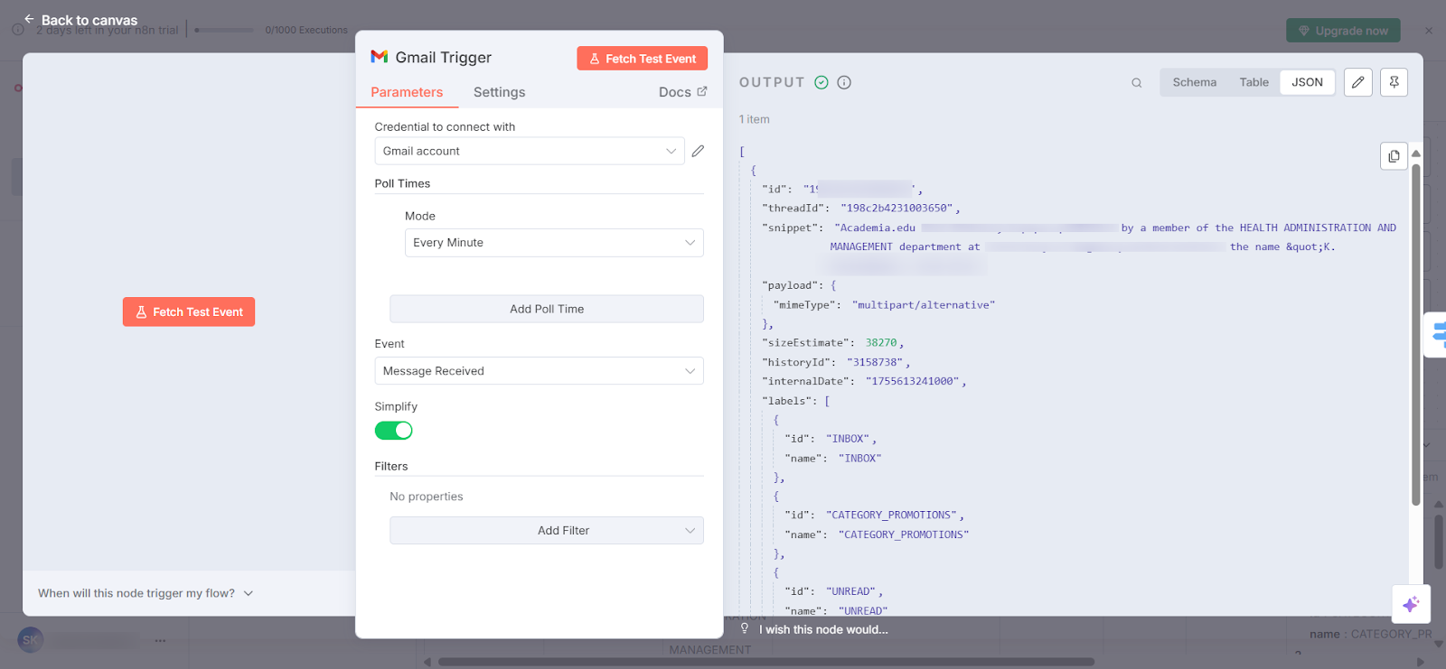 n8n Gmail trigger test data items structure in editor