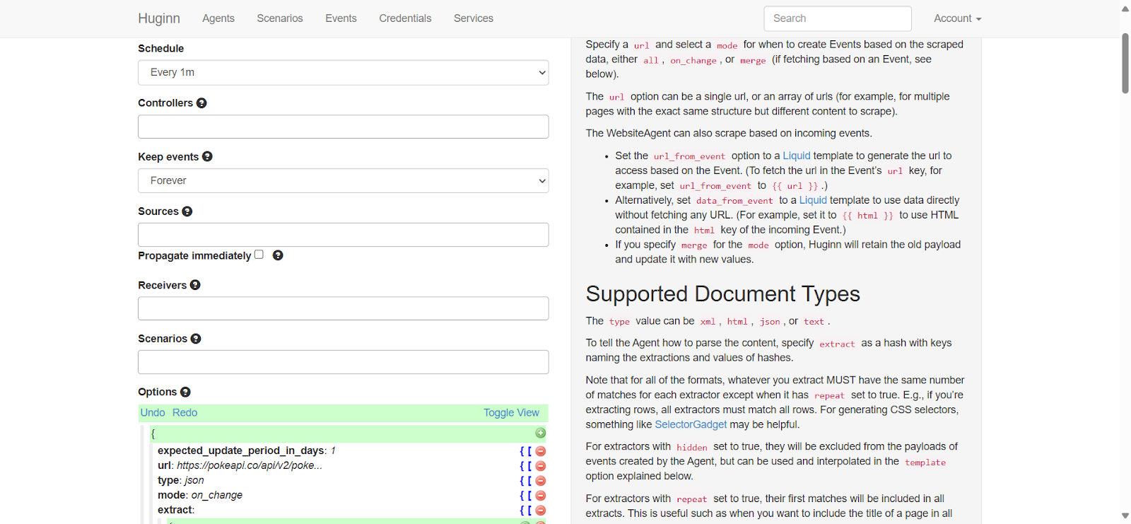Huginn Website Agent JSON configuration for PokéAPI Ditto