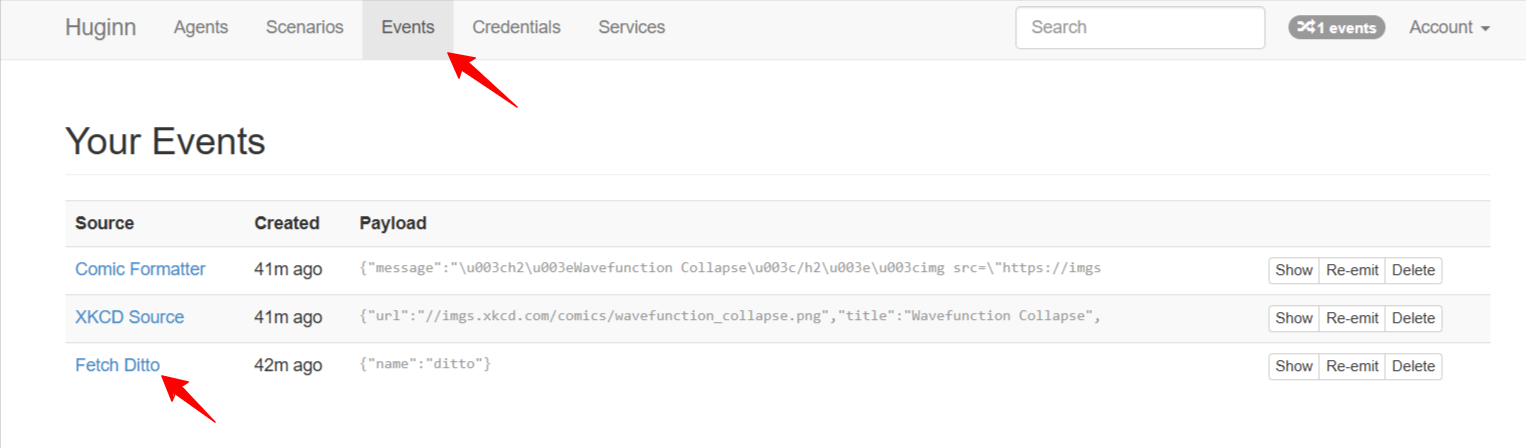 Huginn Event output preview showing ditto name and abilities