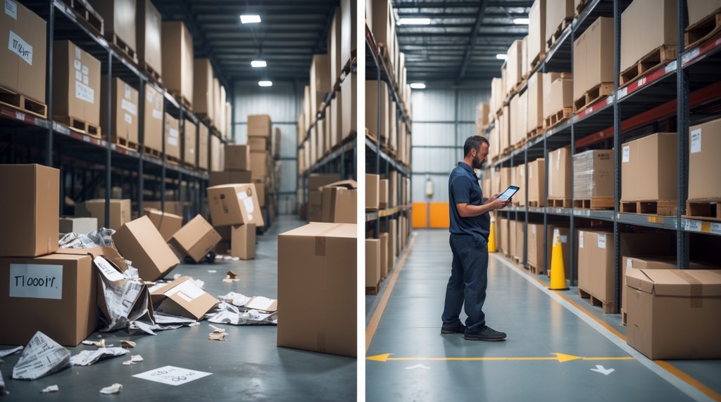 A split screen with a messy warehouse on the left contrasted by a neat shipping area on the right.