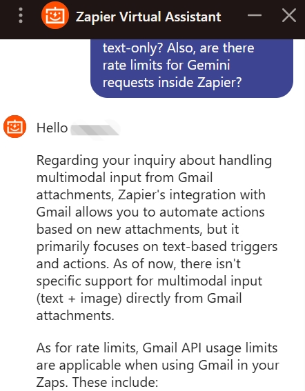 Zapier Virtual Assistant conversation