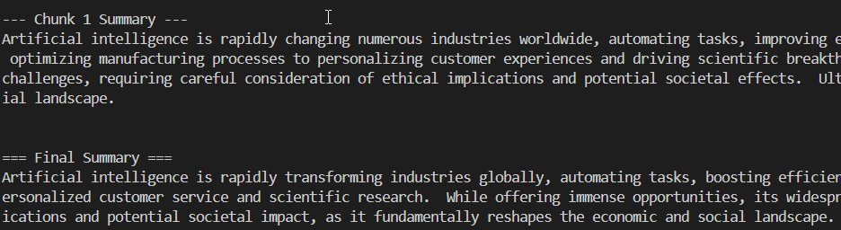 Terminal output showing final summary text from LangChain run