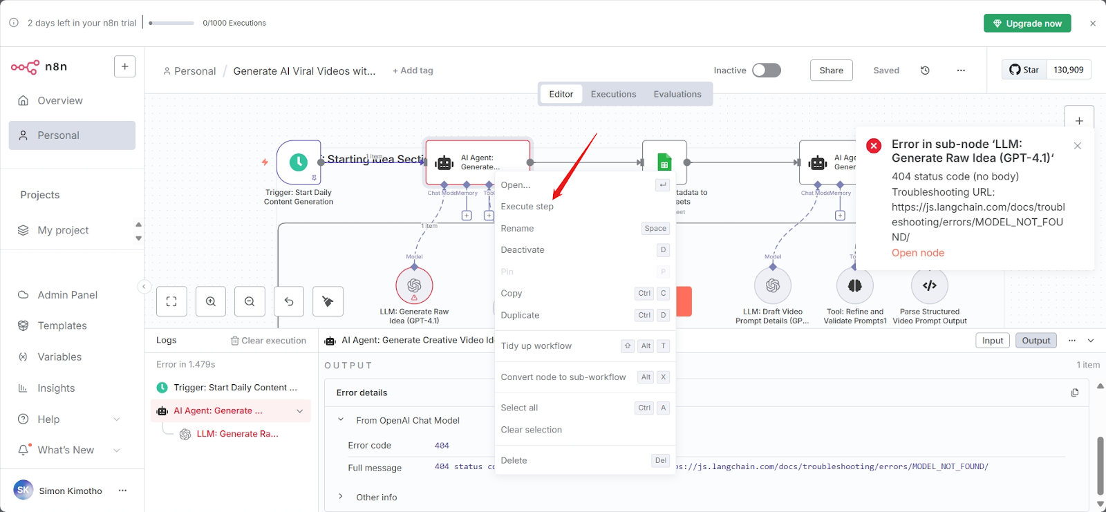n8n Execute step button highlighted on a single node