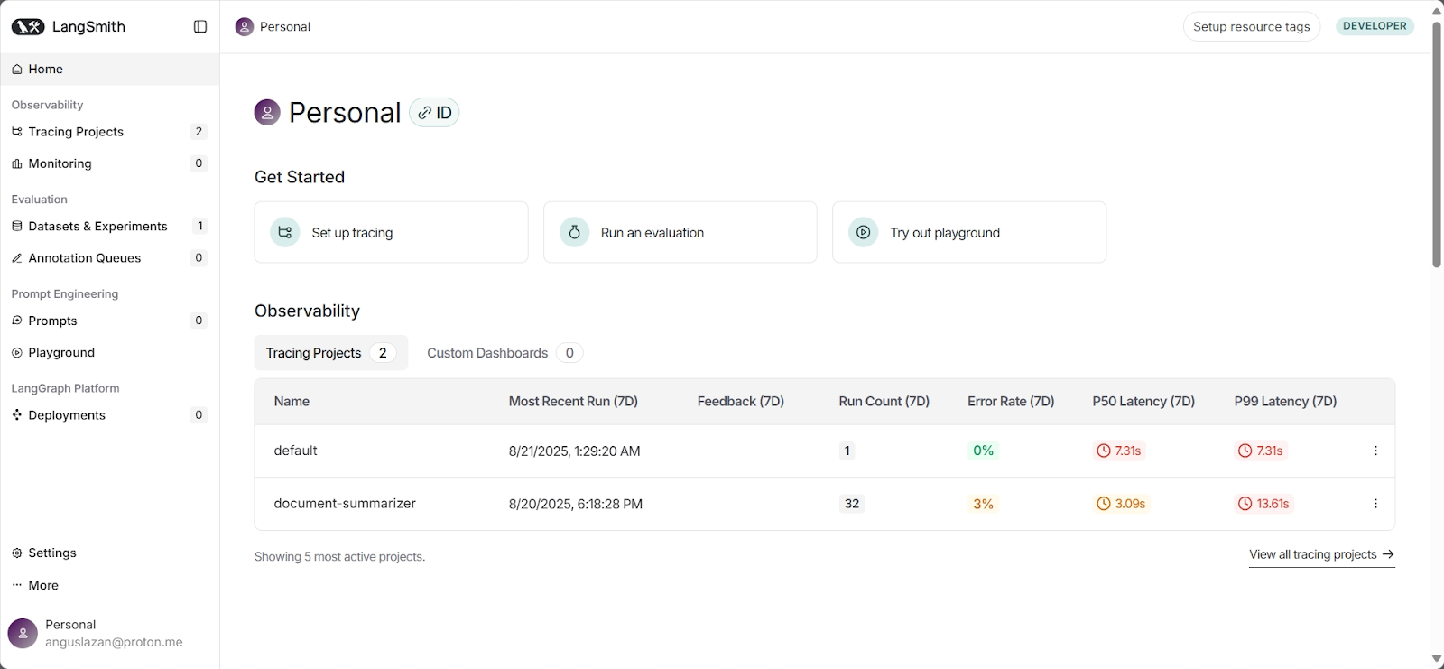 LangSmith dashboard showing sample agent run and trace view