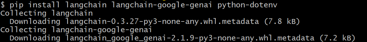 VS Code terminal showing pip installs for LangChain and Google GenAI