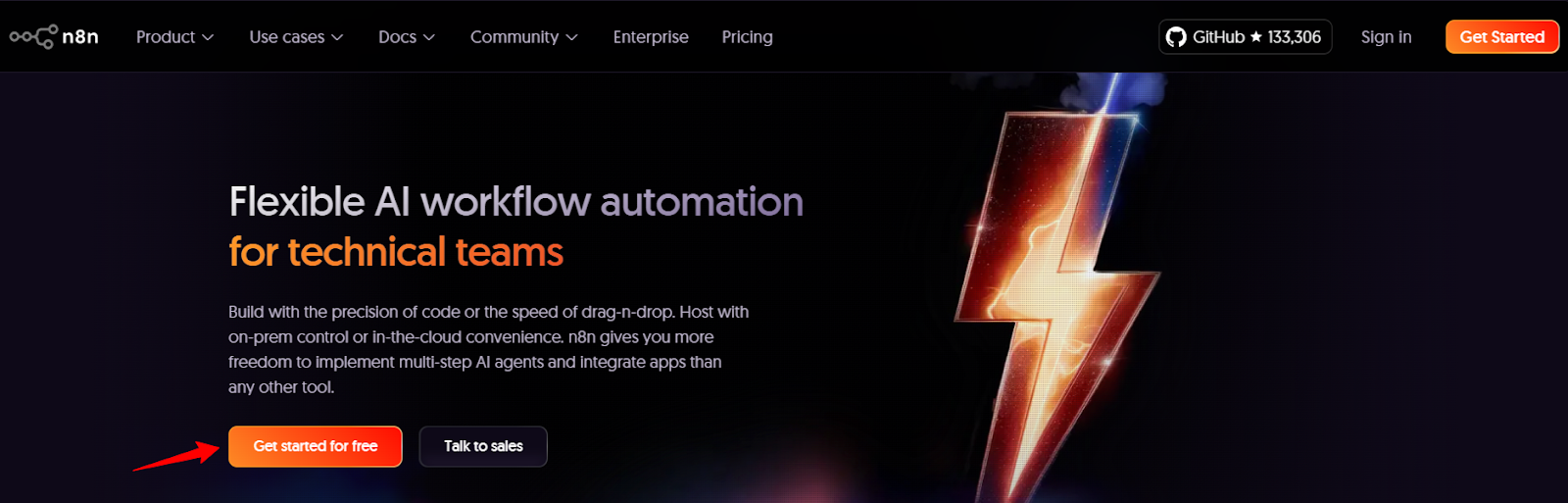 Screenshot of n8n homepage with Get started for free button