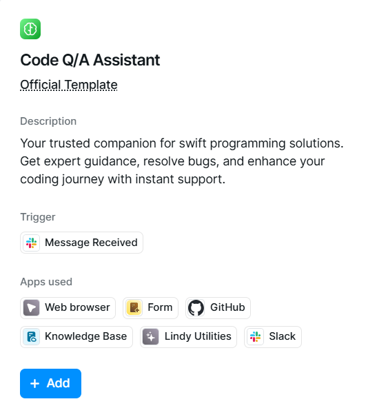 Selecting Lindy Code Q/A Assistant template