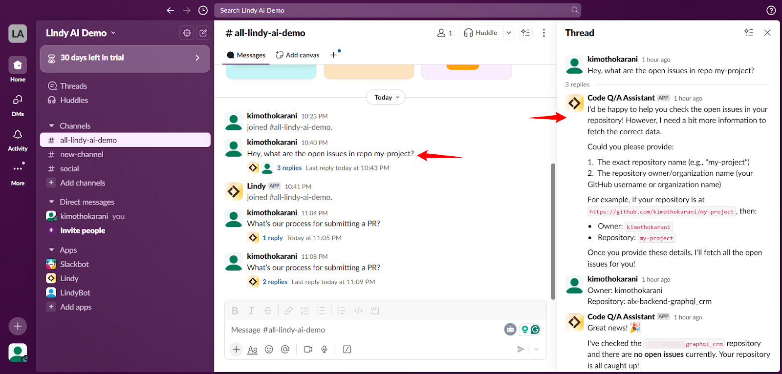 Lindy Slack response requesting owner and repository name