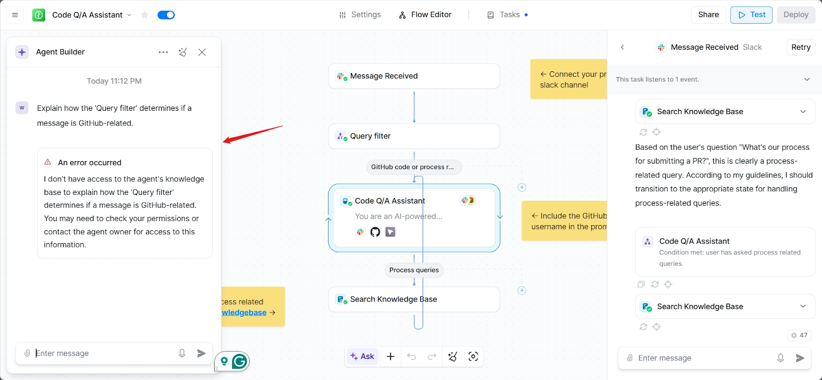 Lindy built-in AI chat explaining flow configuration