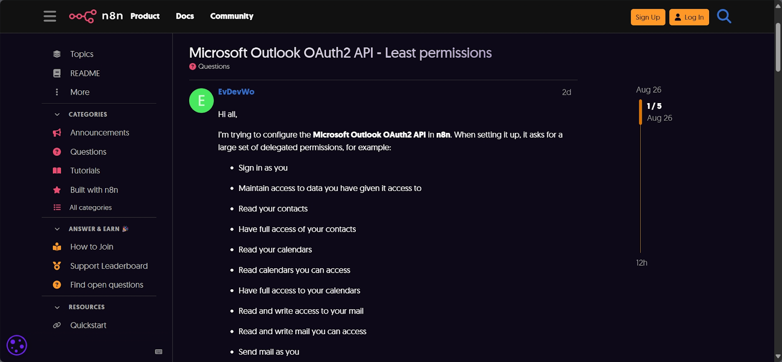 n8n community forum thread discussing Outlook OAuth2 scopes
