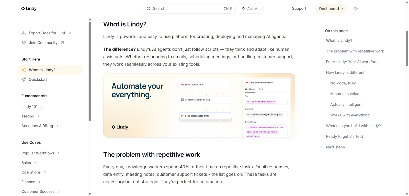 Lindy Help Center categories and guides