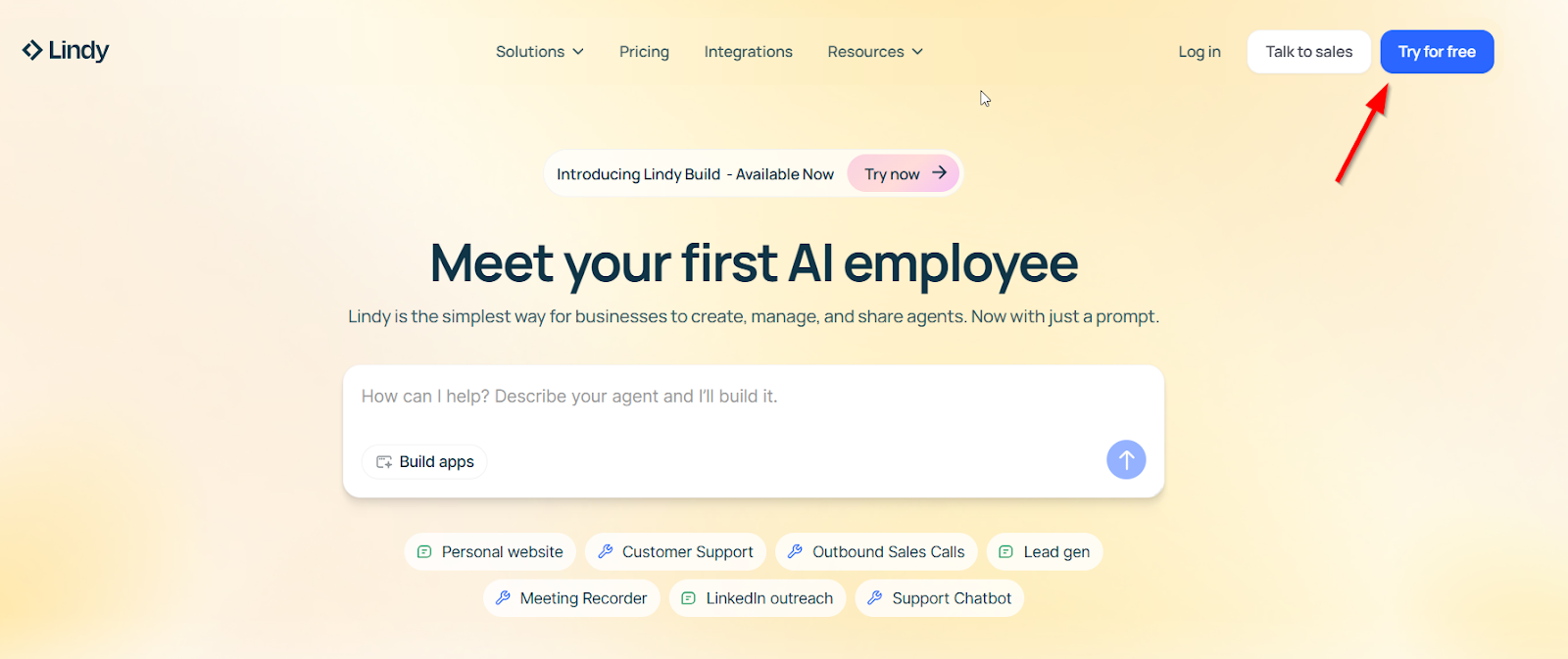 Lindy homepage with Try for free button