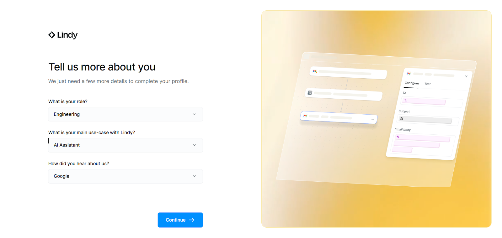 Lindy profile setup screen