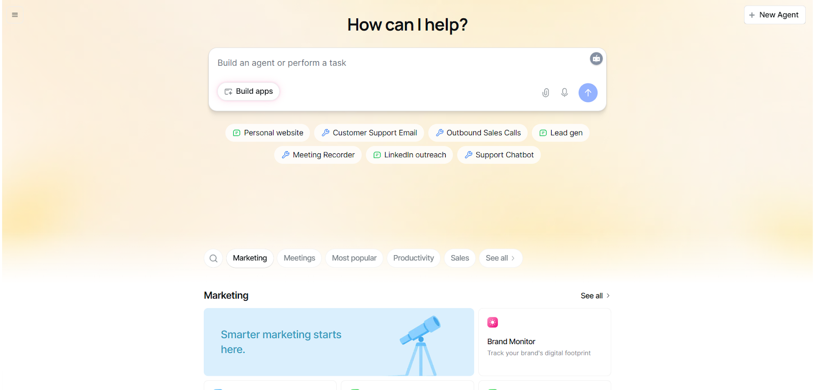 Lindy dashboard with How can I help bar and templates