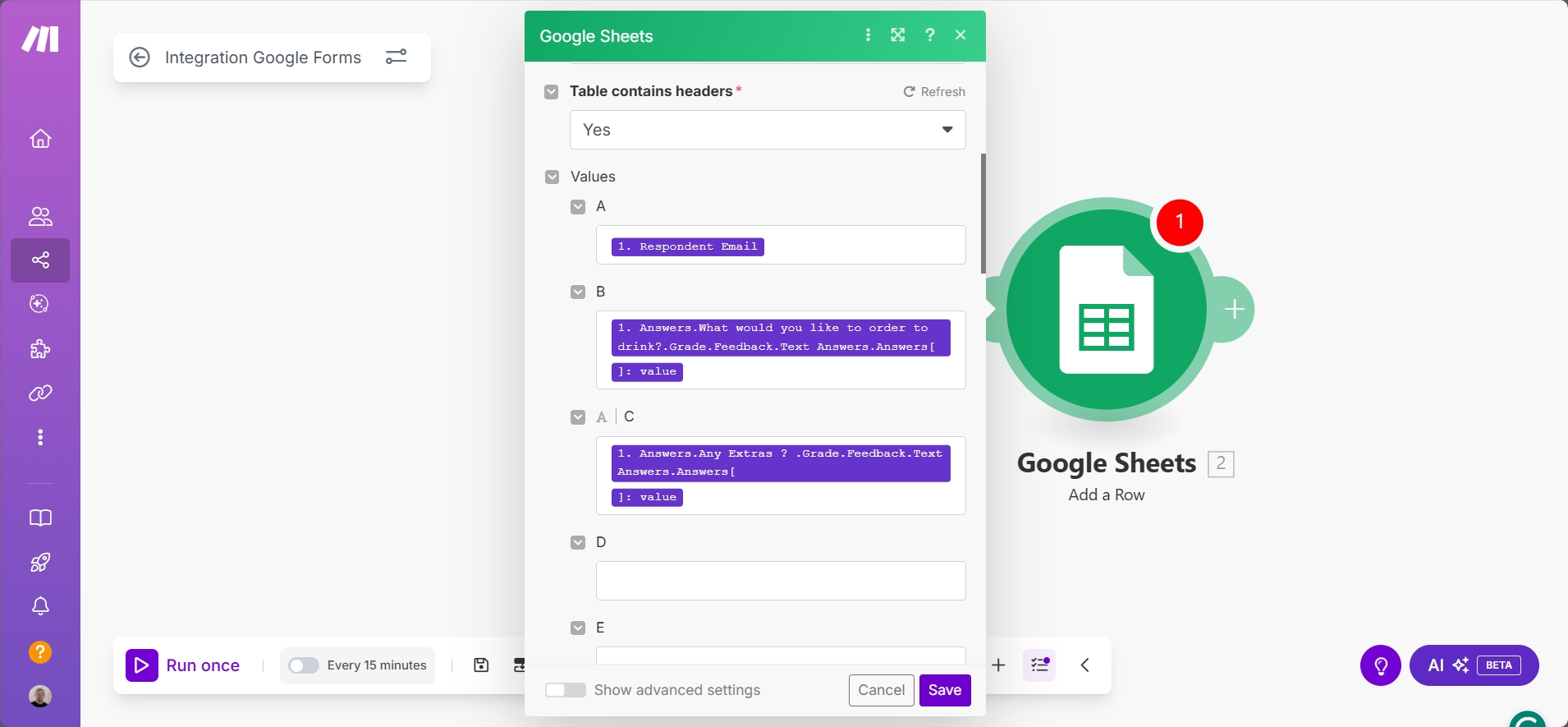 Google Sheet settings