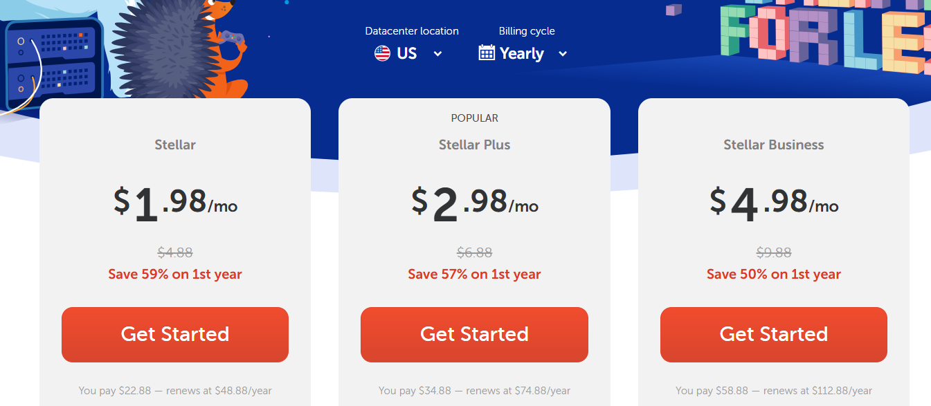 Menu hosting Namecheap con categorie di piani