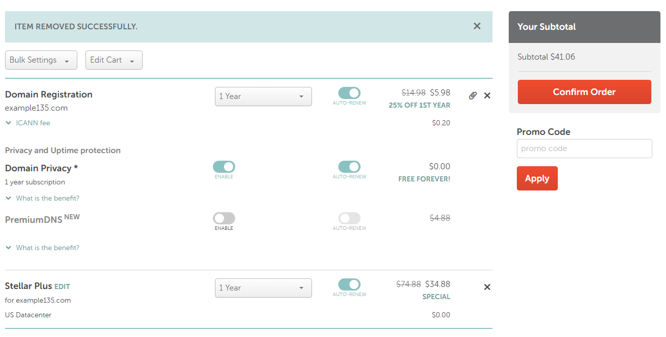 Namecheap checkout page promo code field screenshot