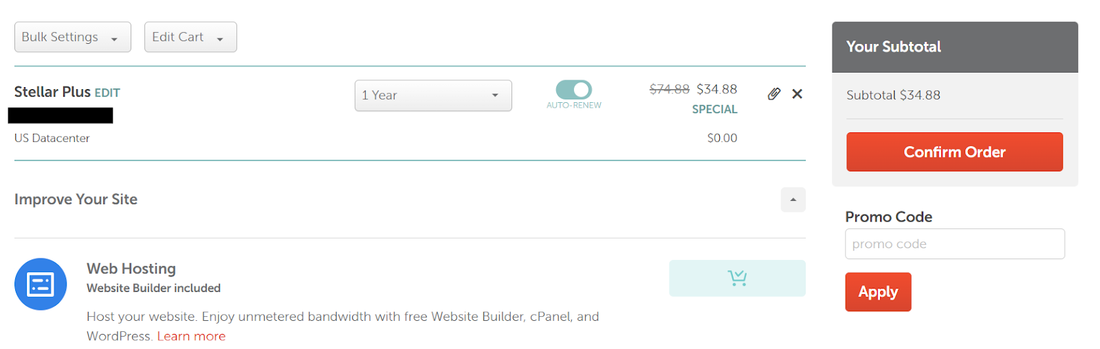 Namecheap checkout page with promo code application and payment options