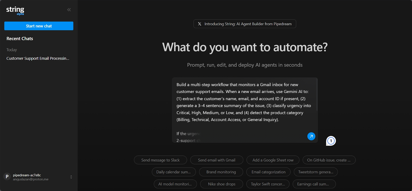 Pipedream AI String alpha describing workflow plan