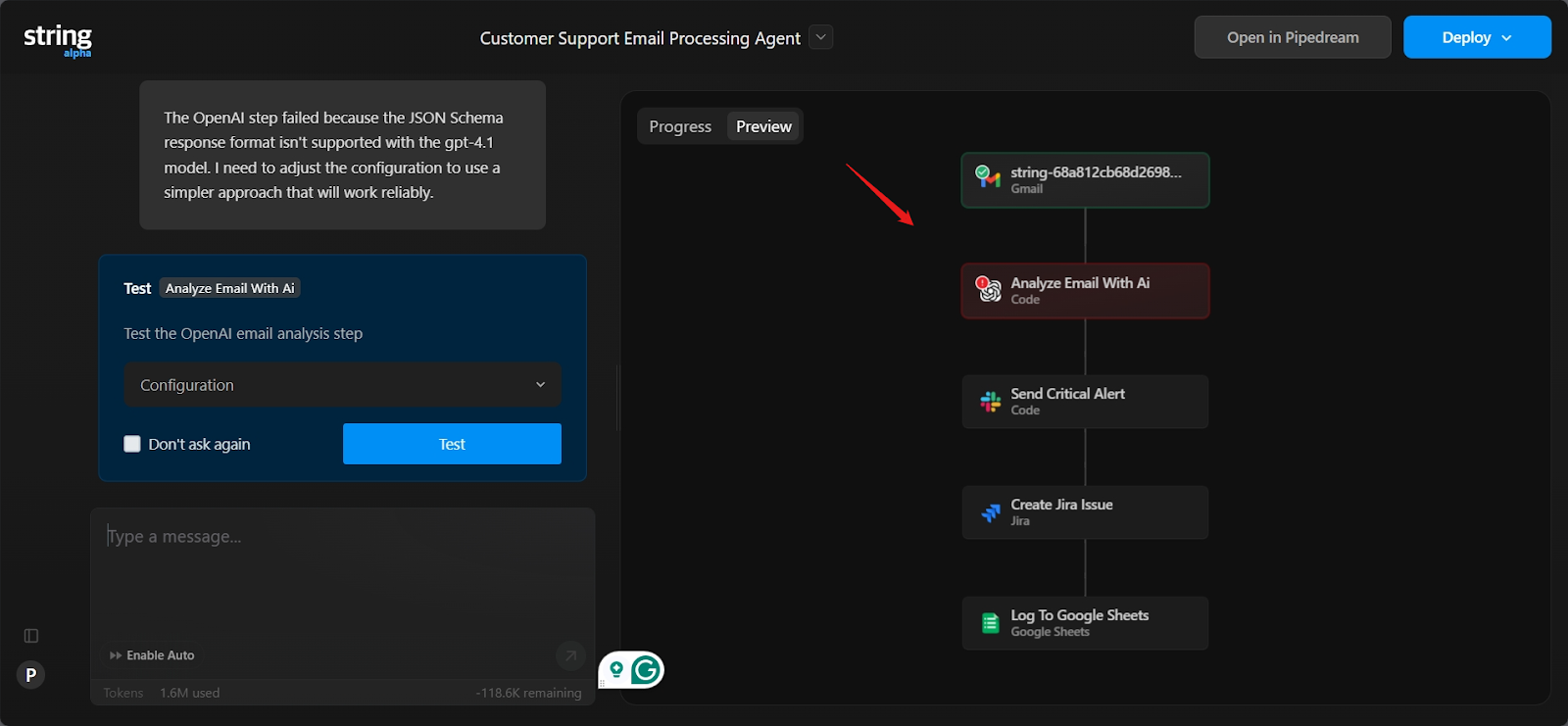 Pipedream visual flow diagram of the scaffolded workflow