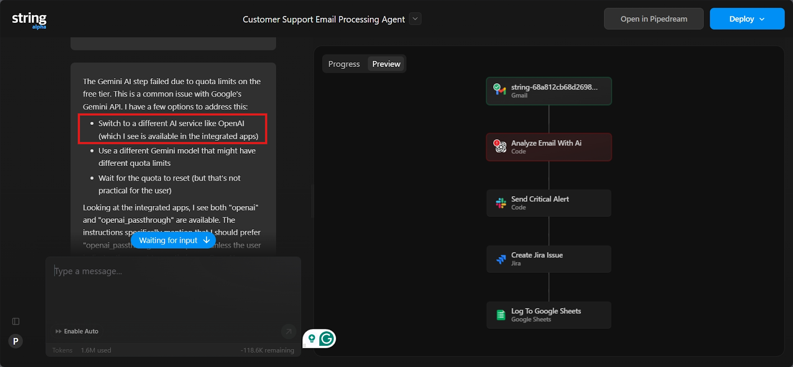 Pipedream editor replacing Gemini step with OpenAI