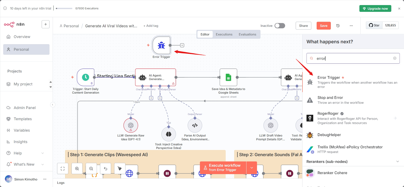 n8n error workflow using Error Trigger and Slack notification