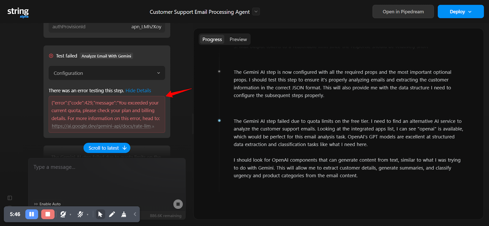 Pipedream step error details showing quota exceeded
