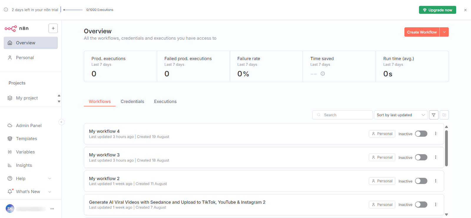 n8n workflow dashboard showing canvas and nodes