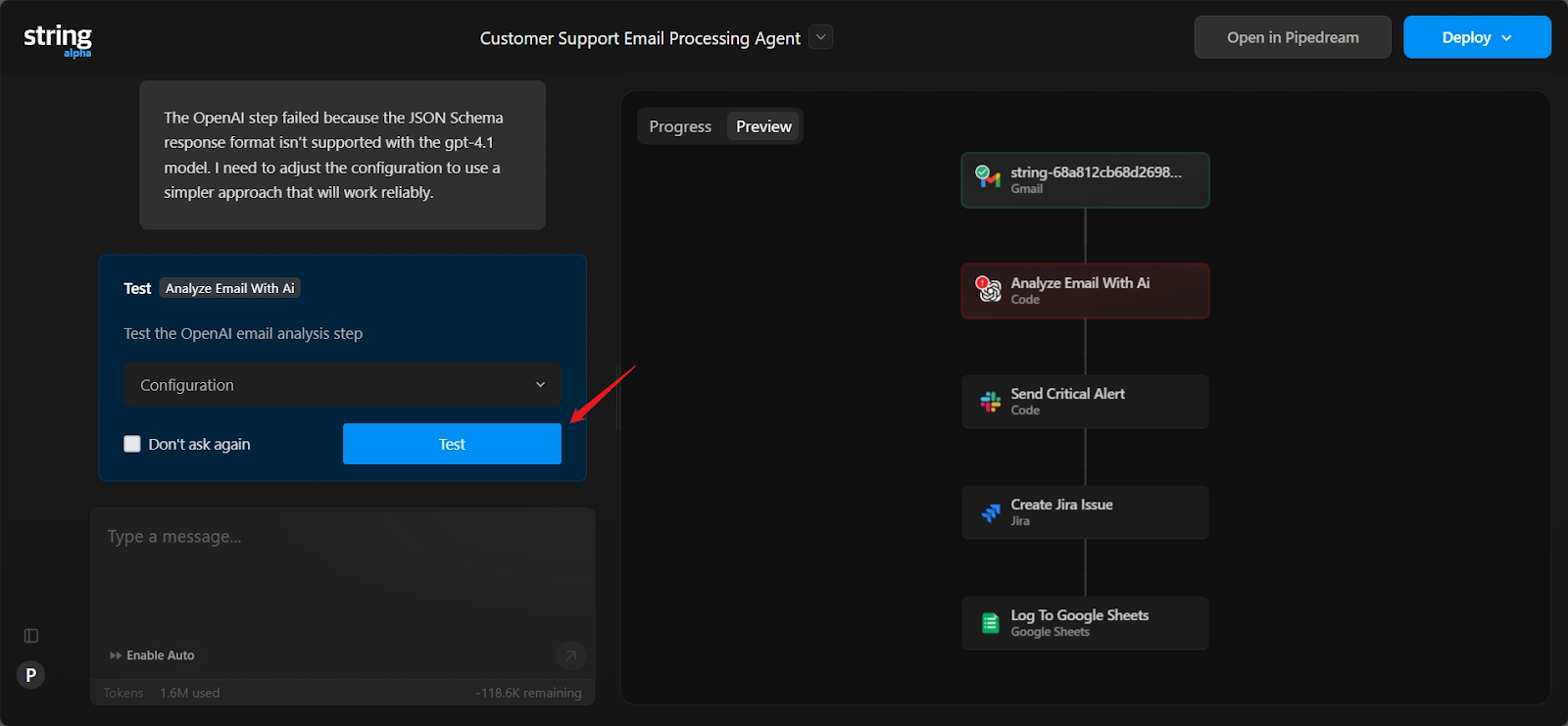 Pipedream step panel with Inputs Exports Logs and Details tabs