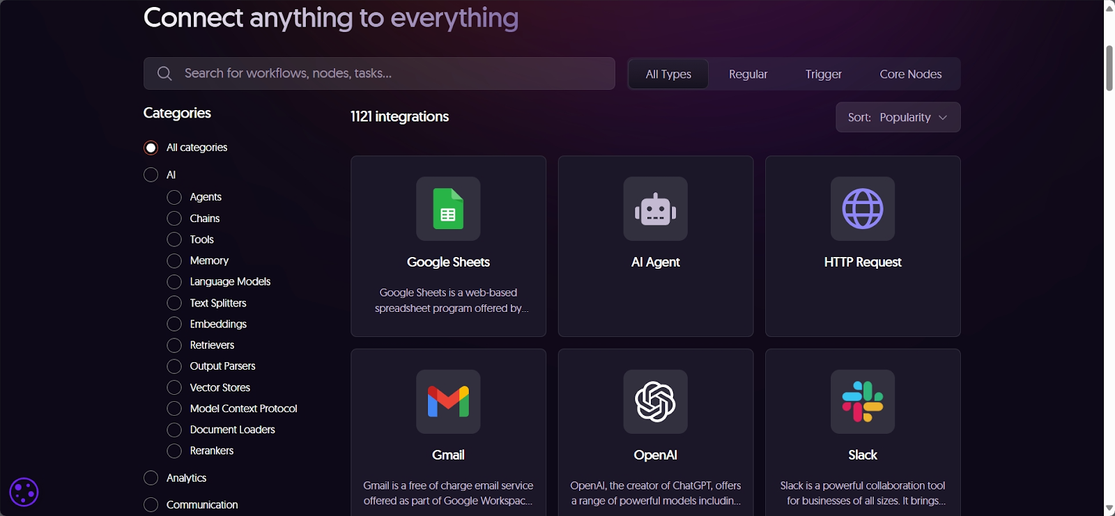 n8n nodes menu including AI, databases, protocols