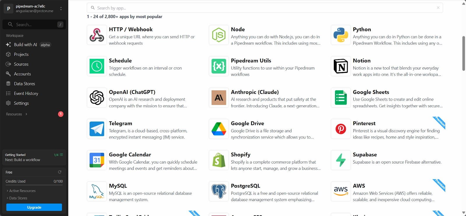 Pipedream integrations library showing many SaaS apps