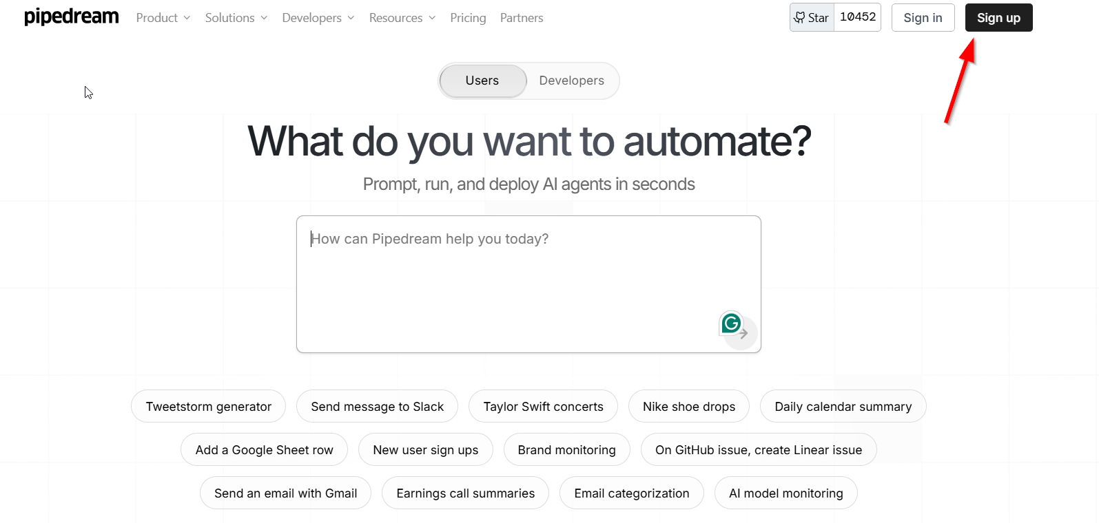 Pipedream signup screen with Google, GitHub, and email options