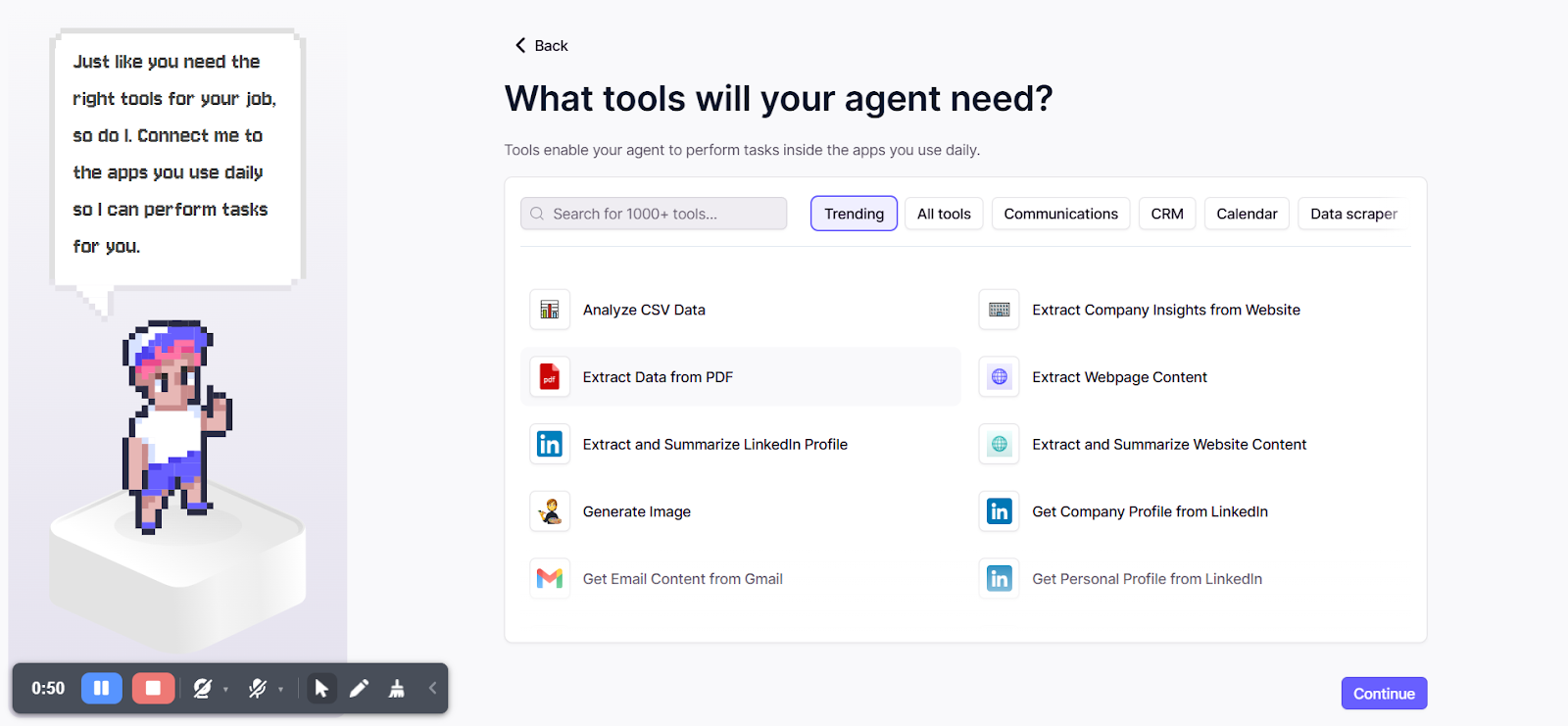 Relevance AI tools selection screen