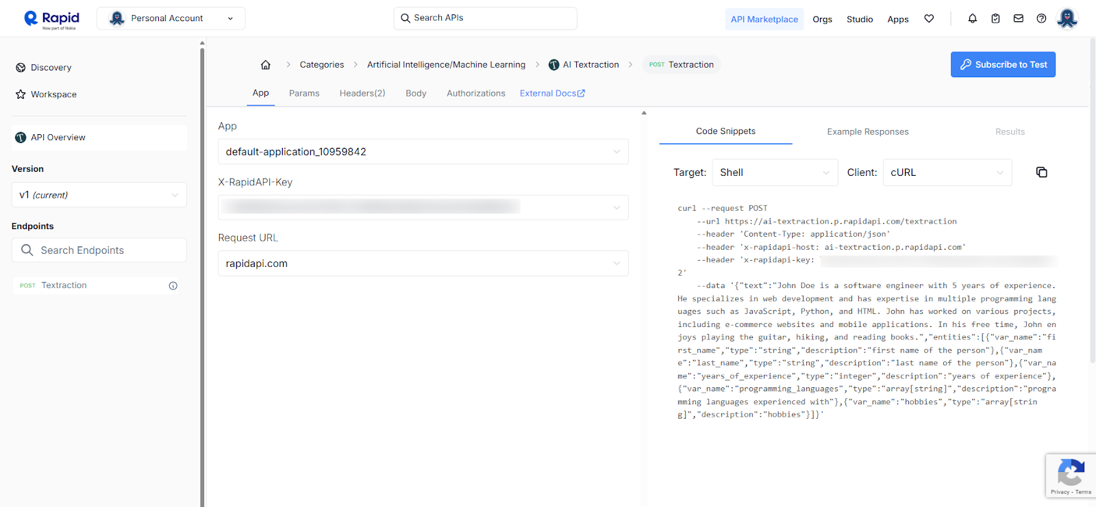 AI Textraction API key connection successful