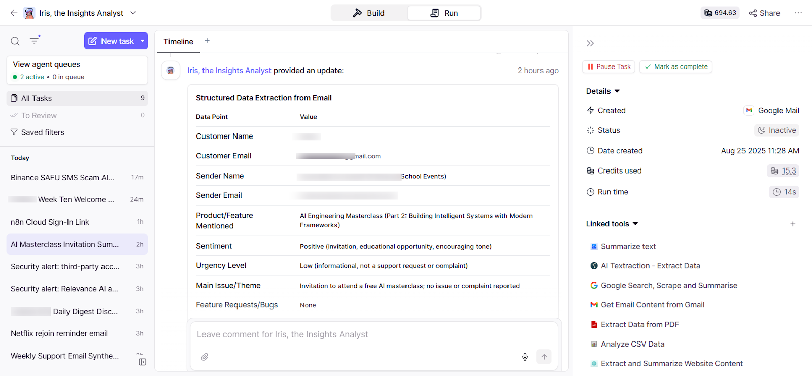 Relevance AI task run details and structured outputs