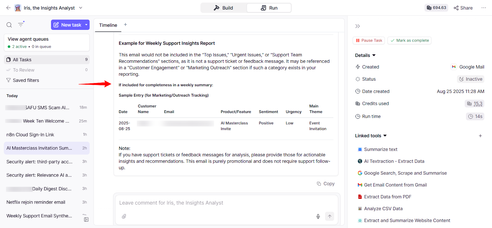 Weekly Support Insights Report example in Relevance AI